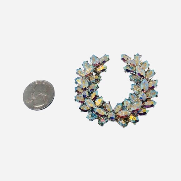 VTG Aurora Borealis Laurel Wreath Brooch 2.5" Silver Tone Sparkle - Picture 12 of 14